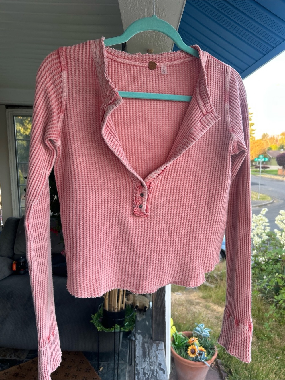 Free People Dusty Pink Waffle Knit Henley Long Sleeve